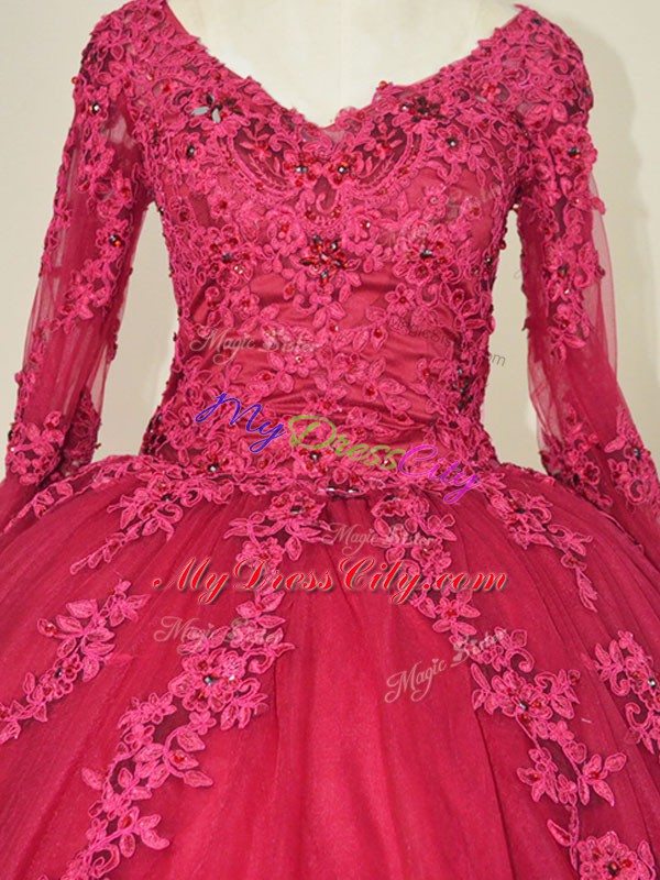 Red Lace Up Vestidos de Quinceanera Lace and Appliques Long Sleeves Floor Length