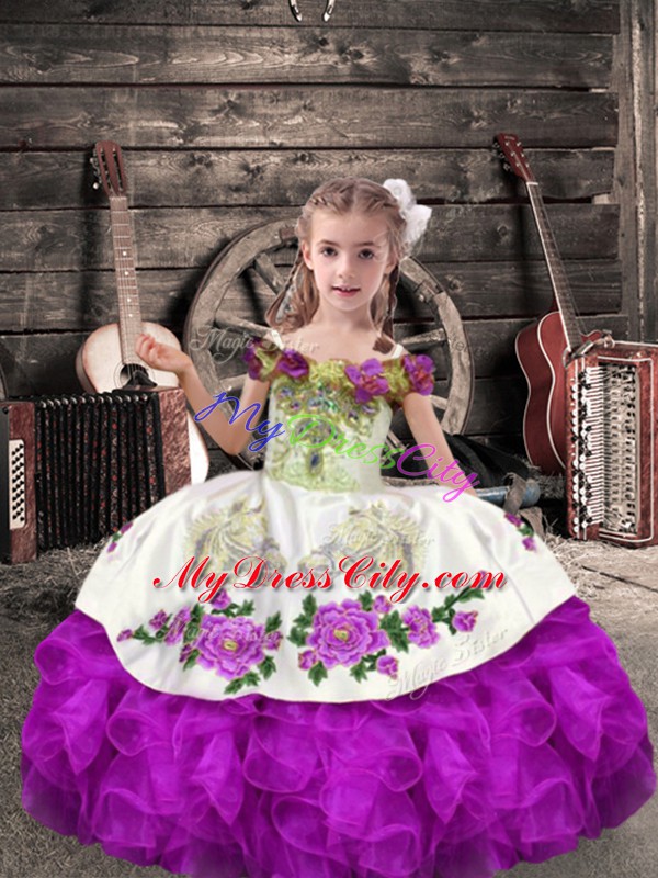 Elegant Sleeveless Organza Floor Length Lace Up Little Girls Pageant Dress Wholesale in Purple with Beading and Embroidery and Ruffles