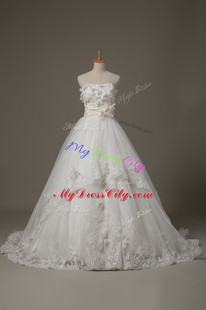 Nice White Tulle Lace Up Strapless Sleeveless Wedding Dress Brush Train Lace and Appliques and Hand Made Flower