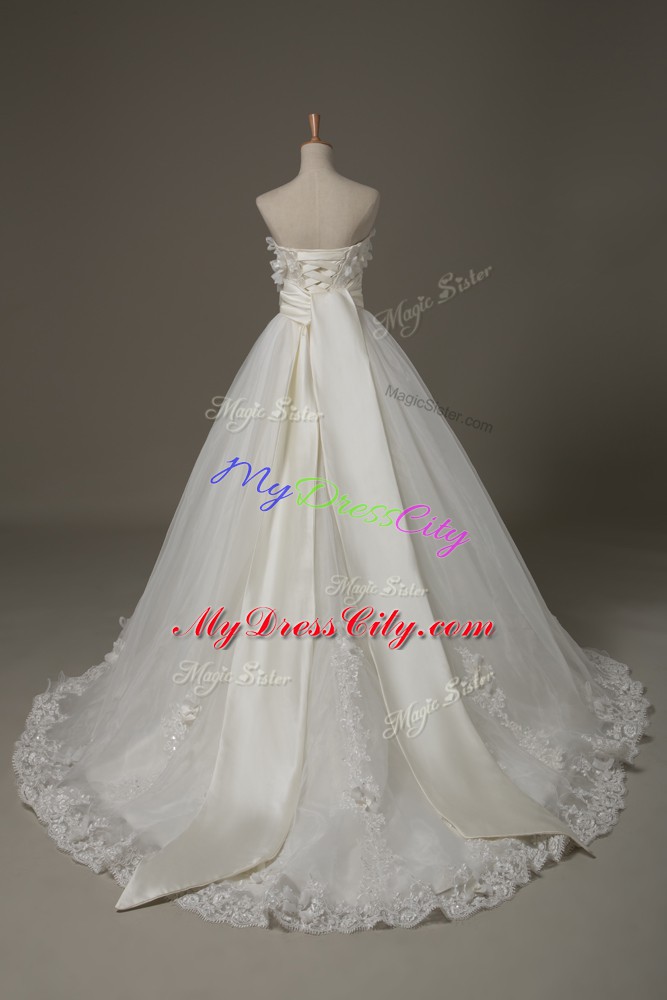 Nice White Tulle Lace Up Strapless Sleeveless Wedding Dress Brush Train Lace and Appliques and Hand Made Flower