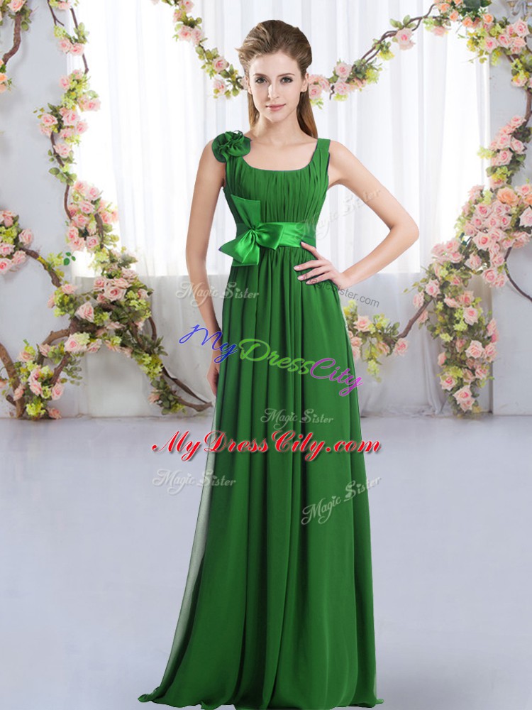 Sophisticated Dark Green Empire Chiffon Straps Sleeveless Belt and Hand Made Flower Floor Length Zipper Bridesmaid Dresses