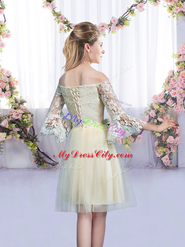 Champagne Empire Lace and Bowknot Wedding Party Dress Lace Up Tulle 3 4 Length Sleeve Mini Length