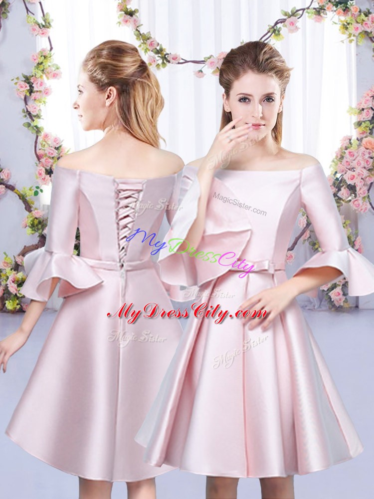 Dynamic Baby Pink 3 4 Length Sleeve Bowknot Mini Length Wedding Guest Dresses