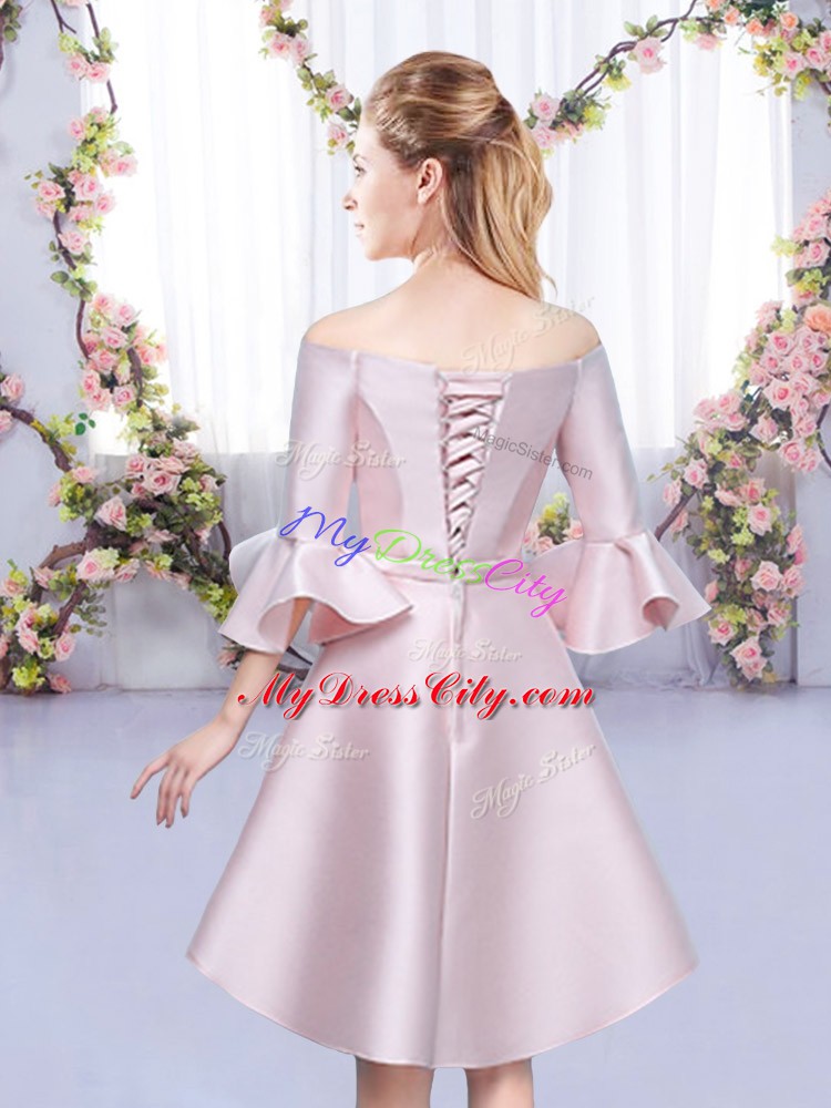 Dynamic Baby Pink 3 4 Length Sleeve Bowknot Mini Length Wedding Guest Dresses