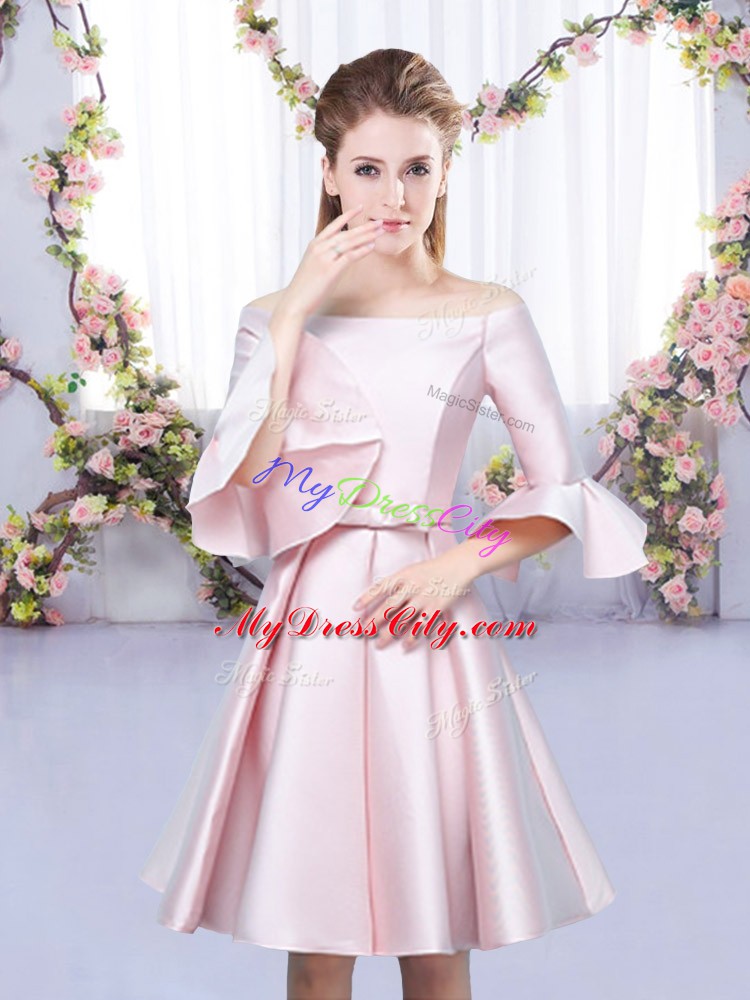 Dynamic Baby Pink 3 4 Length Sleeve Bowknot Mini Length Wedding Guest Dresses