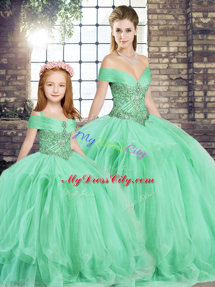 Apple Green Off The Shoulder Lace Up Beading and Ruffles Sweet 16 Dress Sleeveless