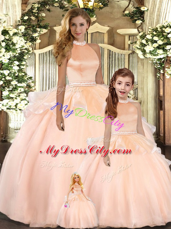 Nice Peach Backless 15 Quinceanera Dress Beading Sleeveless Floor Length