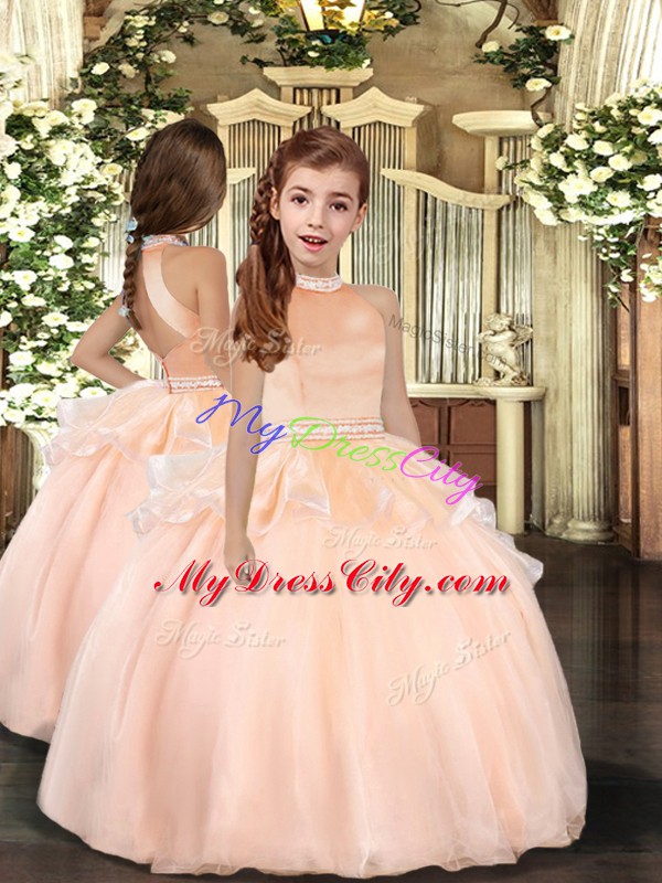 Nice Peach Backless 15 Quinceanera Dress Beading Sleeveless Floor Length