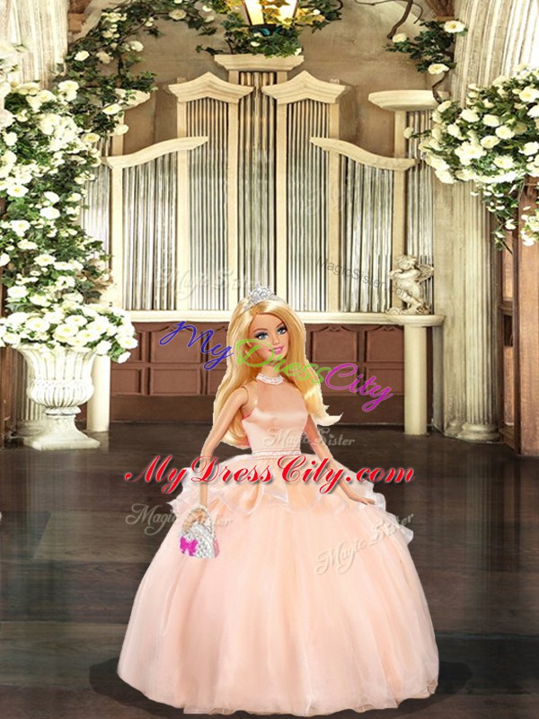 Nice Peach Backless 15 Quinceanera Dress Beading Sleeveless Floor Length