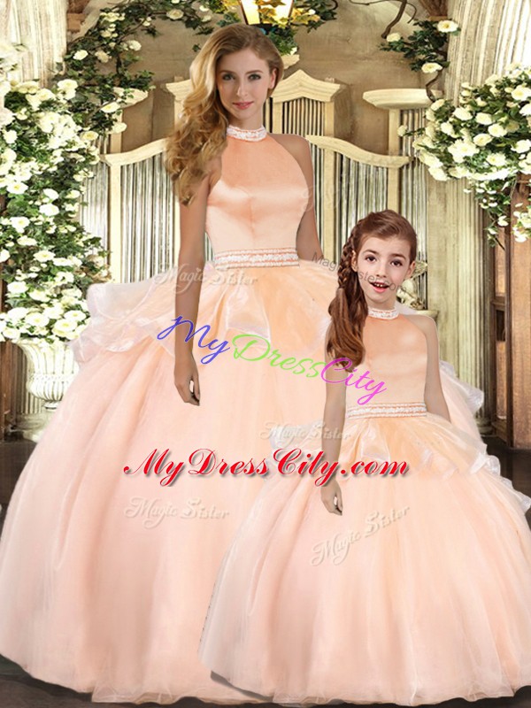 Nice Peach Backless 15 Quinceanera Dress Beading Sleeveless Floor Length