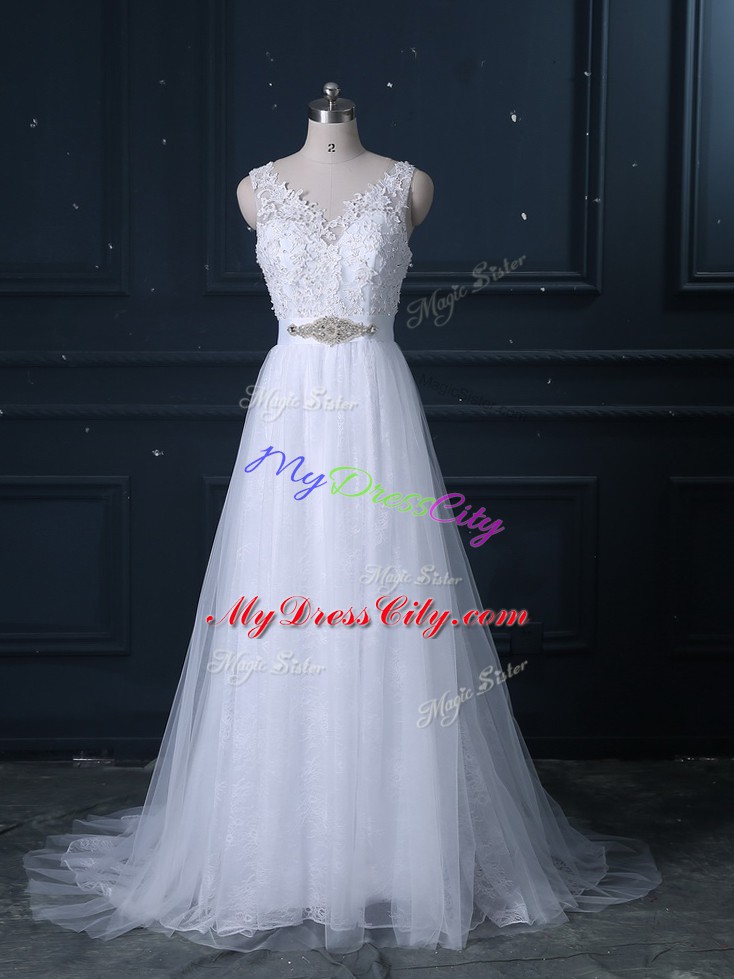 White Lace Backless Wedding Dress Sleeveless Brush Train Beading and Lace