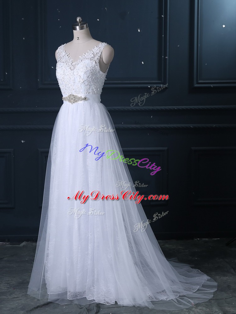 White Lace Backless Wedding Dress Sleeveless Brush Train Beading and Lace