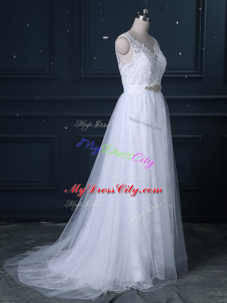 White Lace Backless Wedding Dress Sleeveless Brush Train Beading and Lace