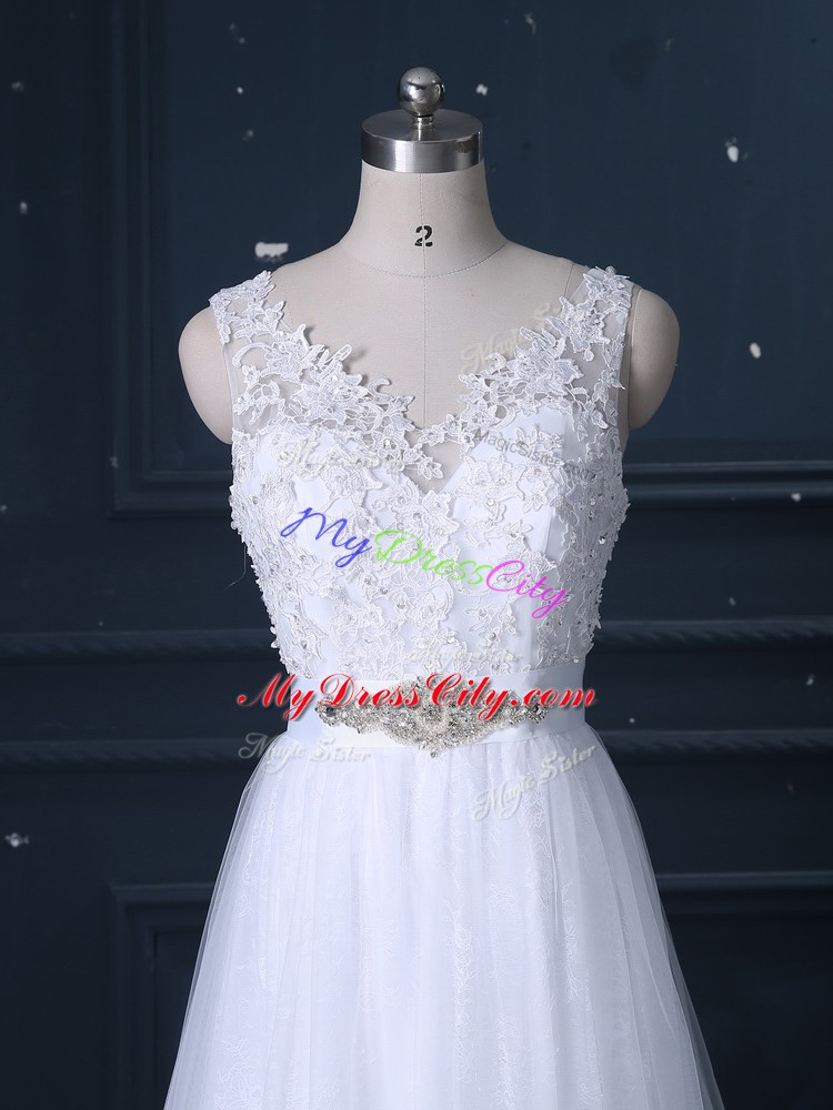 White Lace Backless Wedding Dress Sleeveless Brush Train Beading and Lace