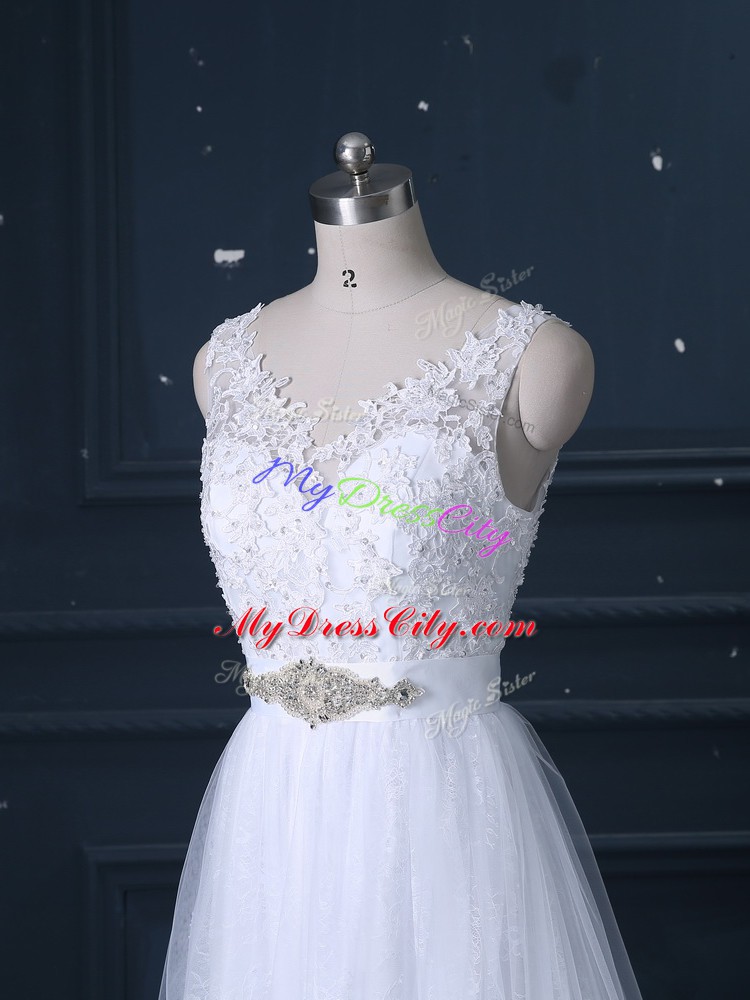 White Lace Backless Wedding Dress Sleeveless Brush Train Beading and Lace