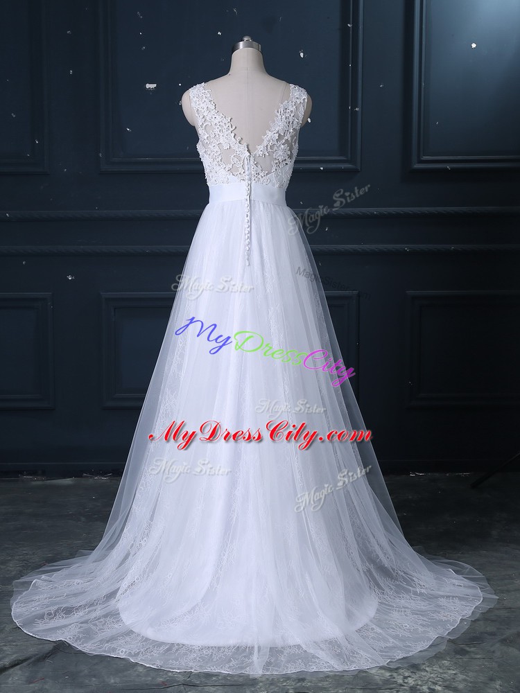 White Lace Backless Wedding Dress Sleeveless Brush Train Beading and Lace