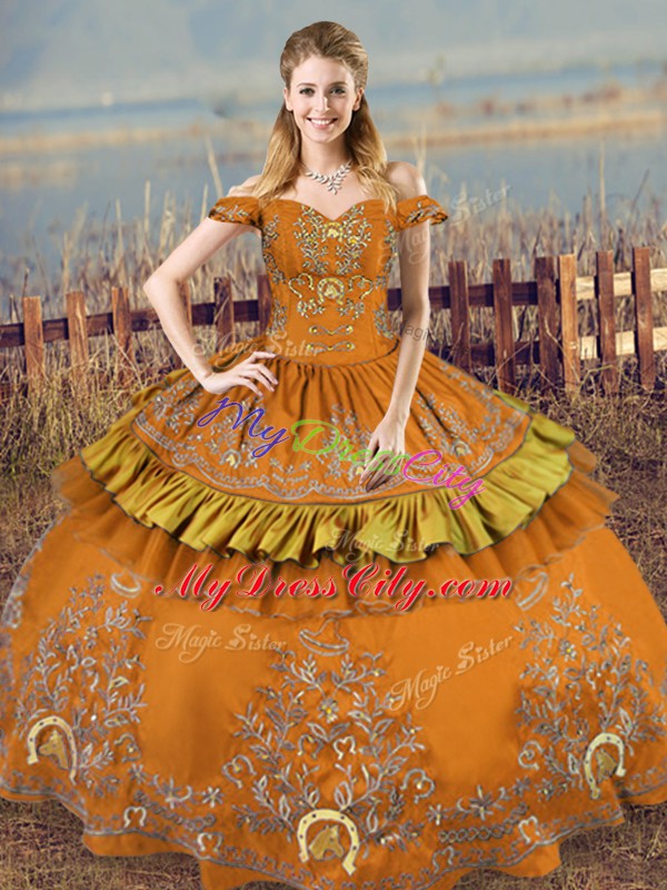 Fabulous Brown Sleeveless Floor Length Embroidery Lace Up 15th Birthday Dress