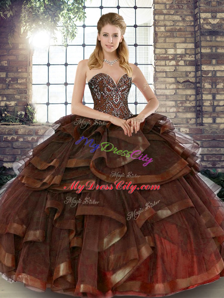 Stylish Brown Sleeveless Tulle Lace Up Quinceanera Gowns for Military Ball and Sweet 16 and Quinceanera