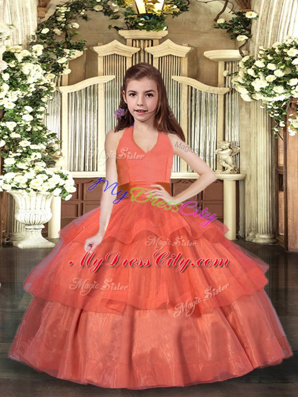 Ruffled Layers Pageant Dress for Womens Orange Red Lace Up Sleeveless Floor Length