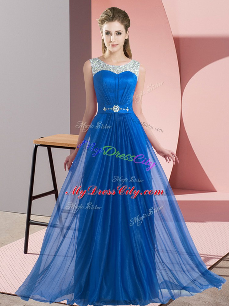 Suitable Floor Length Lace Up Wedding Party Dress Blue for Wedding Party with Beading