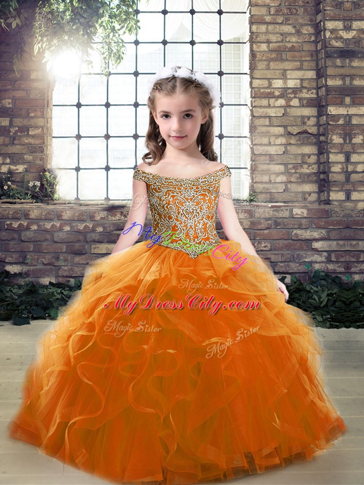 Elegant Orange Ball Gowns Tulle Off The Shoulder Sleeveless Beading Floor Length Lace Up Girls Pageant Dresses