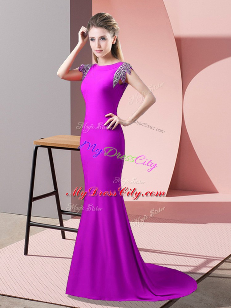 Enchanting Short Sleeves Brush Train Backless Beading Formal Evening Gowns