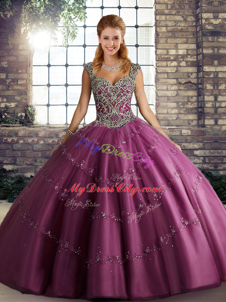 Fuchsia Tulle Lace Up Vestidos de Quinceanera Sleeveless Floor Length Beading and Appliques