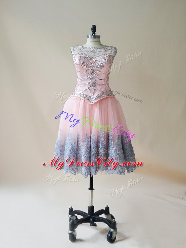 Fitting Sleeveless Tulle Mini Length Lace Up Prom Party Dress in Baby Pink with Beading and Appliques