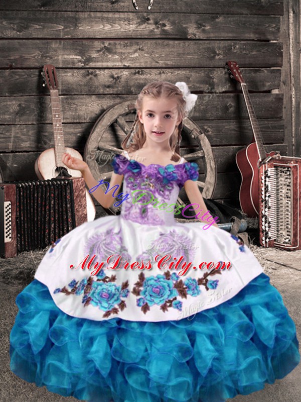 Sleeveless Organza Floor Length Lace Up Little Girls Pageant Dress in Aqua Blue with Beading and Embroidery and Ruffles