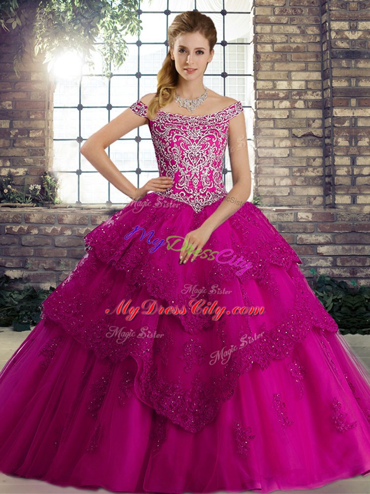 Fuchsia 15 Quinceanera Dress Off The Shoulder Sleeveless Brush Train Lace Up