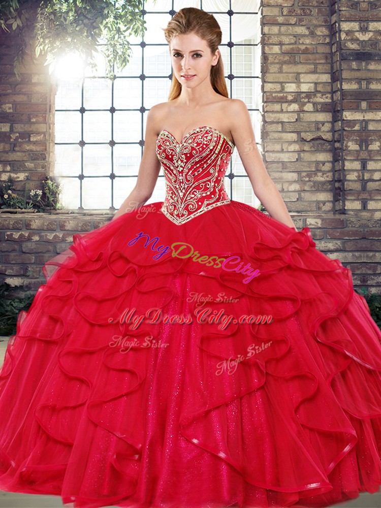 Red Quinceanera Dress Military Ball and Sweet 16 and Quinceanera with Beading and Ruffles Sweetheart Sleeveless Lace Up