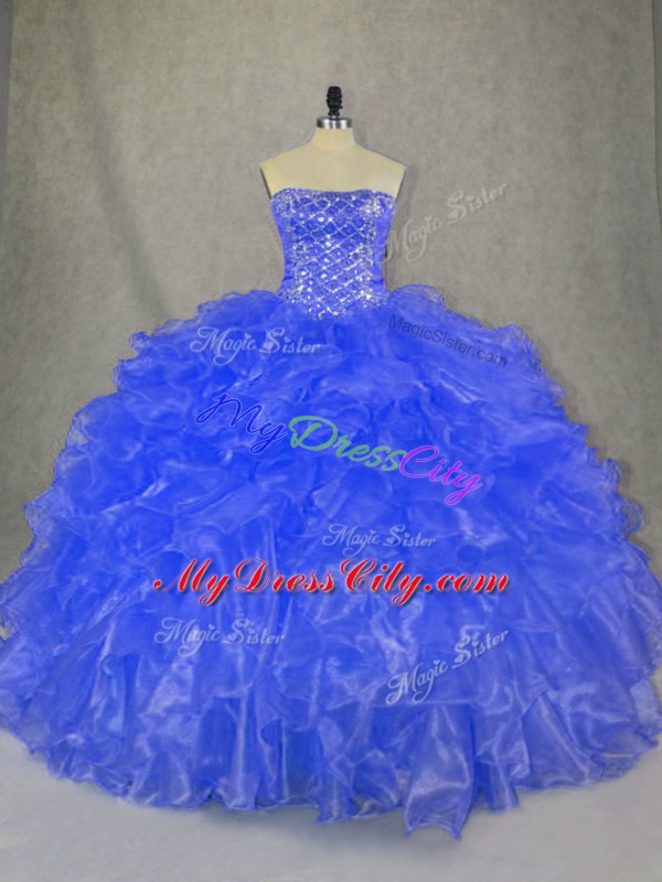 Custom Design Beading and Ruffles Quinceanera Dress Blue Lace Up Sleeveless Floor Length