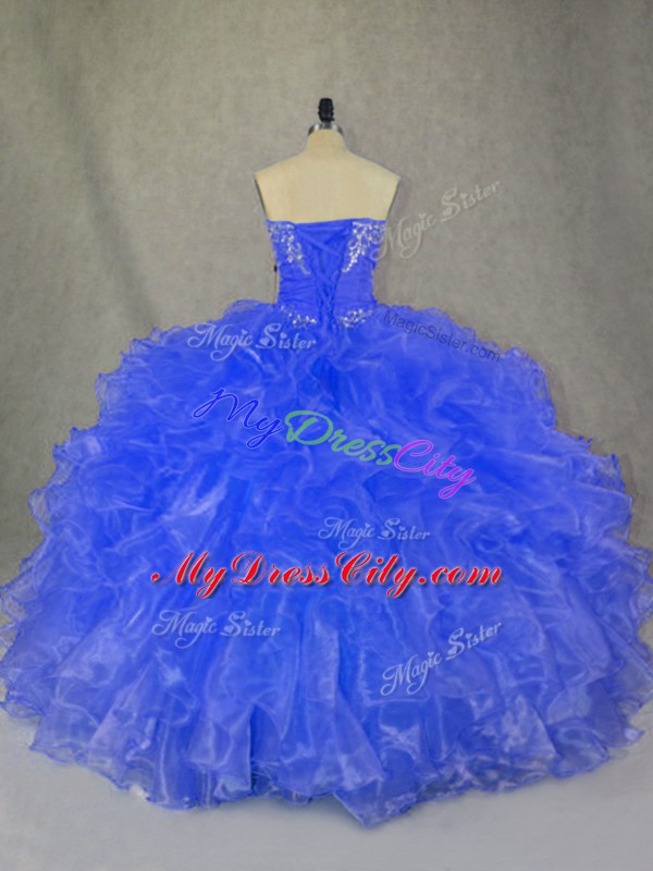 Custom Design Beading and Ruffles Quinceanera Dress Blue Lace Up Sleeveless Floor Length