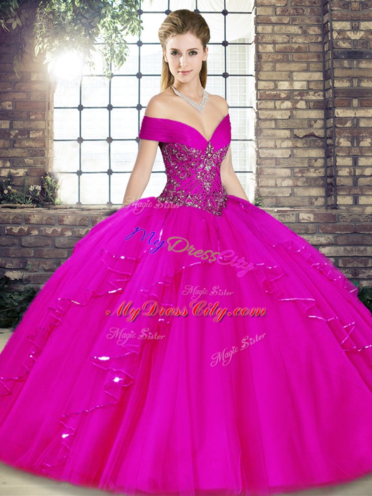 Fuchsia Ball Gowns Tulle Off The Shoulder Sleeveless Beading and Ruffles Floor Length Lace Up Sweet 16 Quinceanera Dress