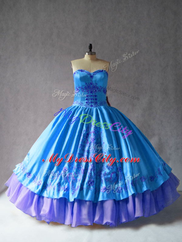 Glorious Sleeveless Floor Length Embroidery Lace Up Sweet 16 Dresses with Blue