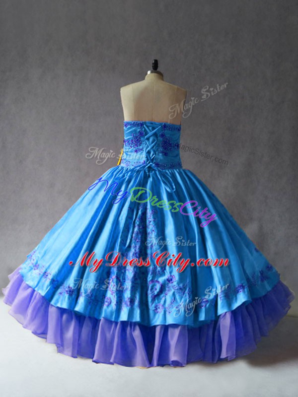 Glorious Sleeveless Floor Length Embroidery Lace Up Sweet 16 Dresses with Blue