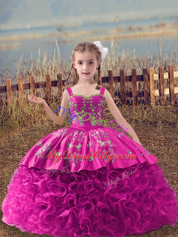 Perfect Straps Sleeveless Sweep Train Lace Up Girls Pageant Dresses Fuchsia Fabric With Rolling Flowers