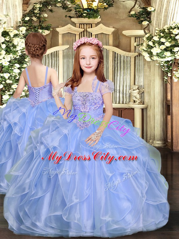 Sleeveless Floor Length Beading Lace Up Girls Pageant Dresses with Blue