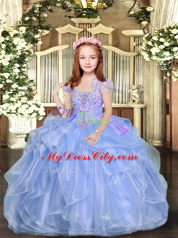 Sleeveless Floor Length Beading Lace Up Girls Pageant Dresses with Blue