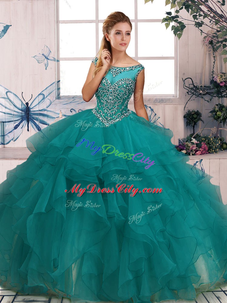 Simple Turquoise Ball Gowns Beading and Ruffles Sweet 16 Dresses Zipper Organza Sleeveless Floor Length