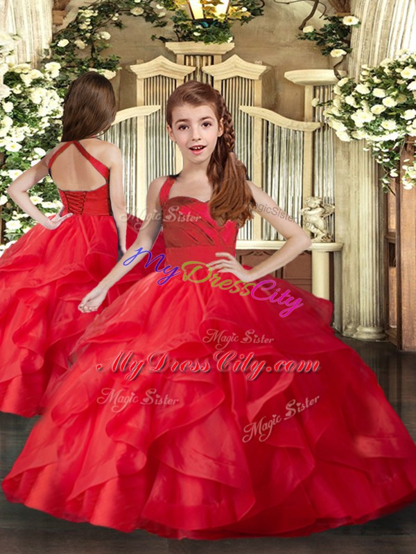 Customized Red Ball Gowns Straps Sleeveless Tulle Floor Length Lace Up Ruffles and Ruching Little Girls Pageant Gowns