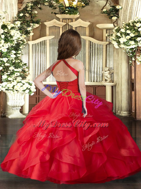 Customized Red Ball Gowns Straps Sleeveless Tulle Floor Length Lace Up Ruffles and Ruching Little Girls Pageant Gowns