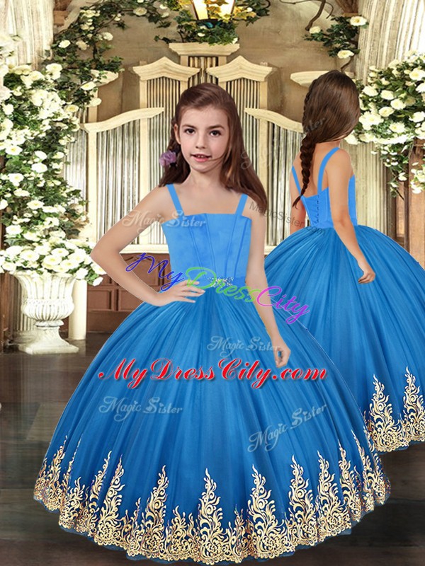 Best Baby Blue Tulle Lace Up Straps Sleeveless Floor Length Little Girls Pageant Dress Wholesale Embroidery