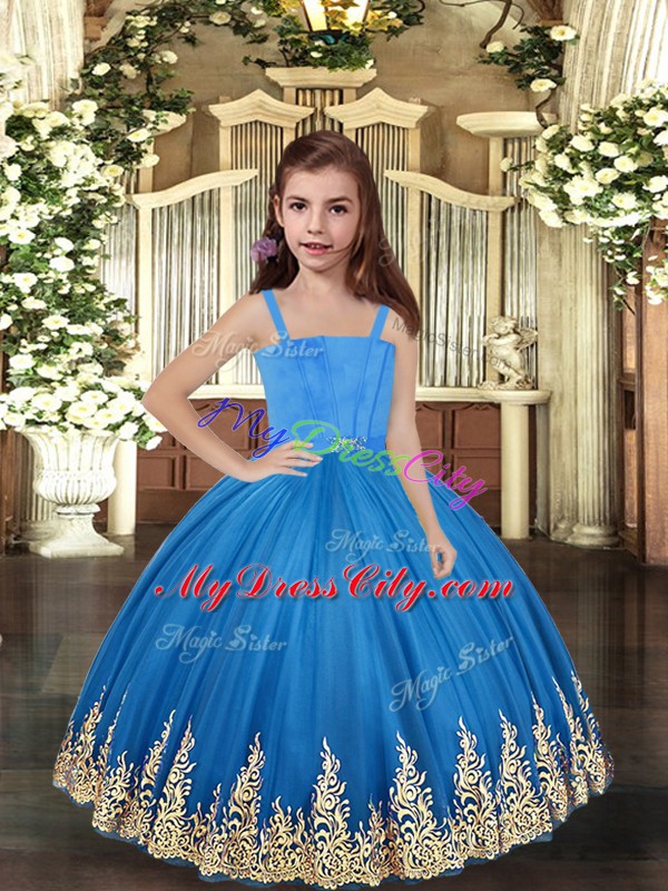 Best Baby Blue Tulle Lace Up Straps Sleeveless Floor Length Little Girls Pageant Dress Wholesale Embroidery