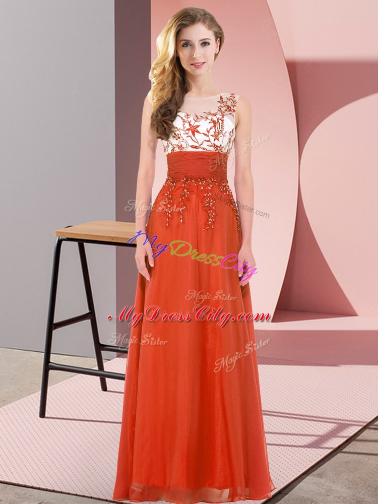 Rust Red Empire Scoop Sleeveless Chiffon Floor Length Backless Appliques Bridesmaid Gown