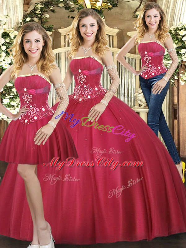 Red Lace Up Strapless Beading Sweet 16 Quinceanera Dress Tulle Sleeveless