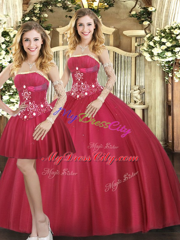 Red Lace Up Strapless Beading Sweet 16 Quinceanera Dress Tulle Sleeveless