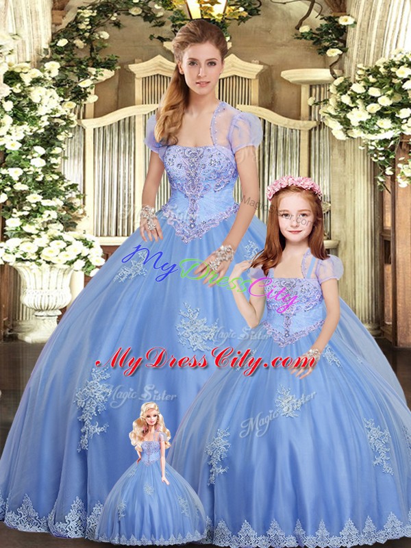 Sleeveless Tulle Floor Length Lace Up Sweet 16 Dresses in Light Blue with Beading and Appliques