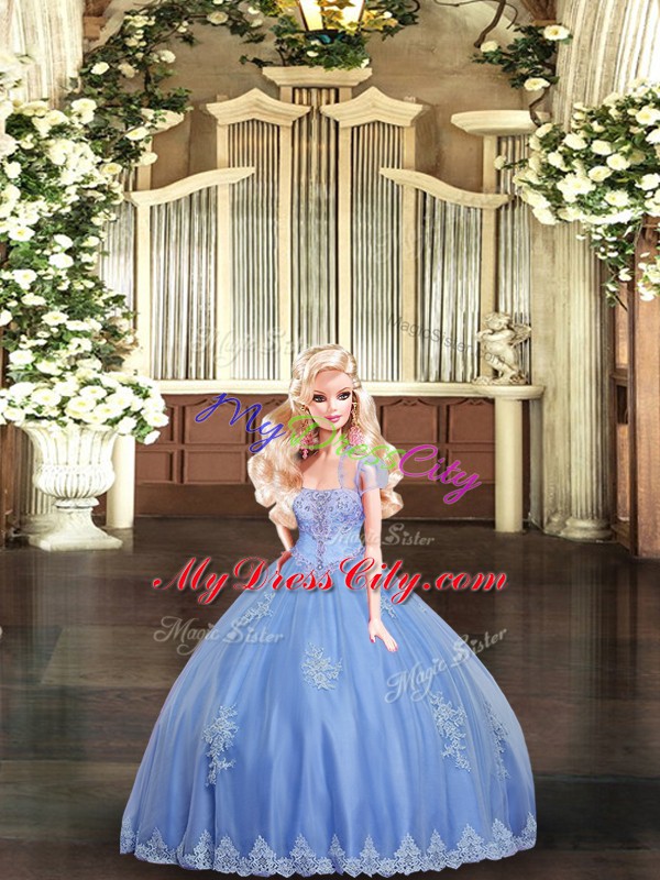 Sleeveless Tulle Floor Length Lace Up Sweet 16 Dresses in Light Blue with Beading and Appliques