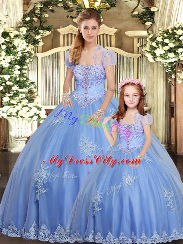 Sleeveless Tulle Floor Length Lace Up Sweet 16 Dresses in Light Blue with Beading and Appliques